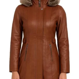 Women’s Shearling Hooded Brown Leather Coat