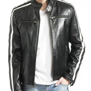Biker Men’s White Stripes Black Leather Jacket