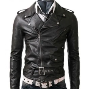 Men’s Asymmetrical Slim Fit Belted Black Leather Jacket