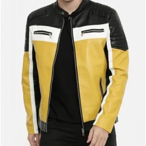 Men’s Color Block Quilted Leather Motorcycle Jacket