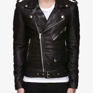 Men’s Belted Asymmetrical Motorcycle Black Leather Jacket