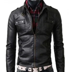 Men’s Strap Collar Casual Slim Fit Black Leather Jacket