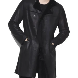Men’s Casual Button Closure Black Leather Shearling Coat