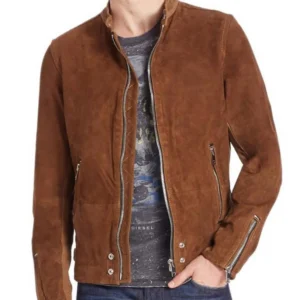 Men’s Casual Zipper Pockets Brown Suede Leather Jacket