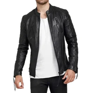 Men’s Diamond Quilted Biker Black Leather Jacket