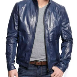 Men’s Stand Collar Casual Navy Blue Leather Jacket