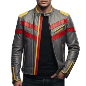 Men’s Red Yellow Striped Gray Leather Biker Jacket