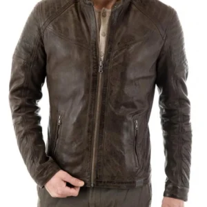 Men’s Quilted Shoulder Snap Tab Collar Waxed Brown Leather Biker Jacket