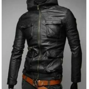 Men’s Slim Fit Flap Pockets Leather Jacket with Hood
