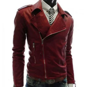 Men’s Slim Fit Asymmetrical Red Faux Leather Jacket