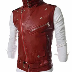 Men’s Slim Fit Biker Asymmetrical Zipper Red Leather Vest