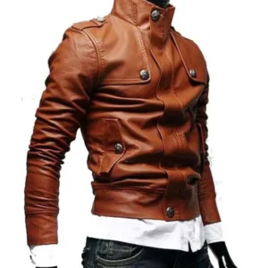 Men’s Slim Fit Tan Button Front Brown Leather Jacket