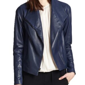 Asymmetrical Zipper Women’s Blue Leather Scuba Jacket