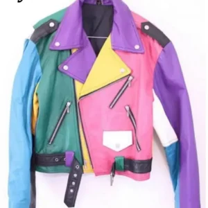 Women’s Motorcycle Fashion Color Block Leather Jacket