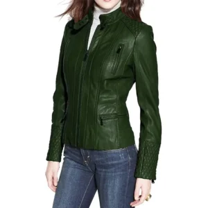 Women’s Dark Green Quilted Biker Leather Jacket